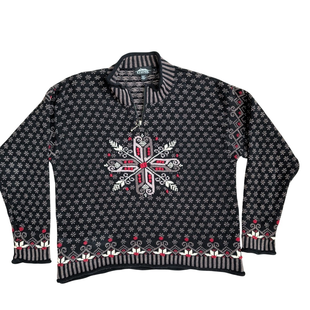Icelandic Design Black Cotton Nordic Snowflake Quarter Zip Sweater L Fair Isle